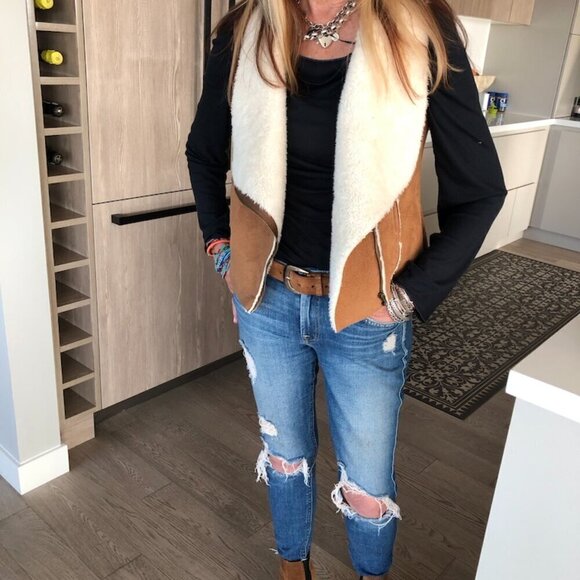 NAMELESS Faux Sherpa Vest Jacket Thick Warm Sleeveless Cognac & Cream Moto Zip S - Picture 7 of 16